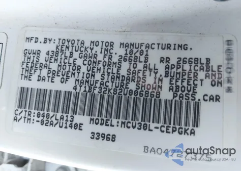 2002 Toyota Camry Xle V6 из США, поврежденный, VIN 4T1BF32K82U006868